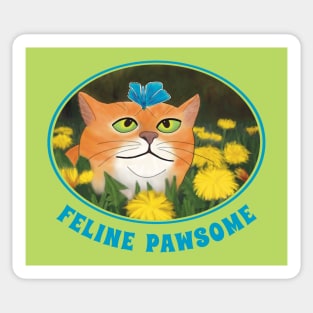 Feline Pawsome – adorable illustration of a tabby cat with a butterfly on his head Sticker